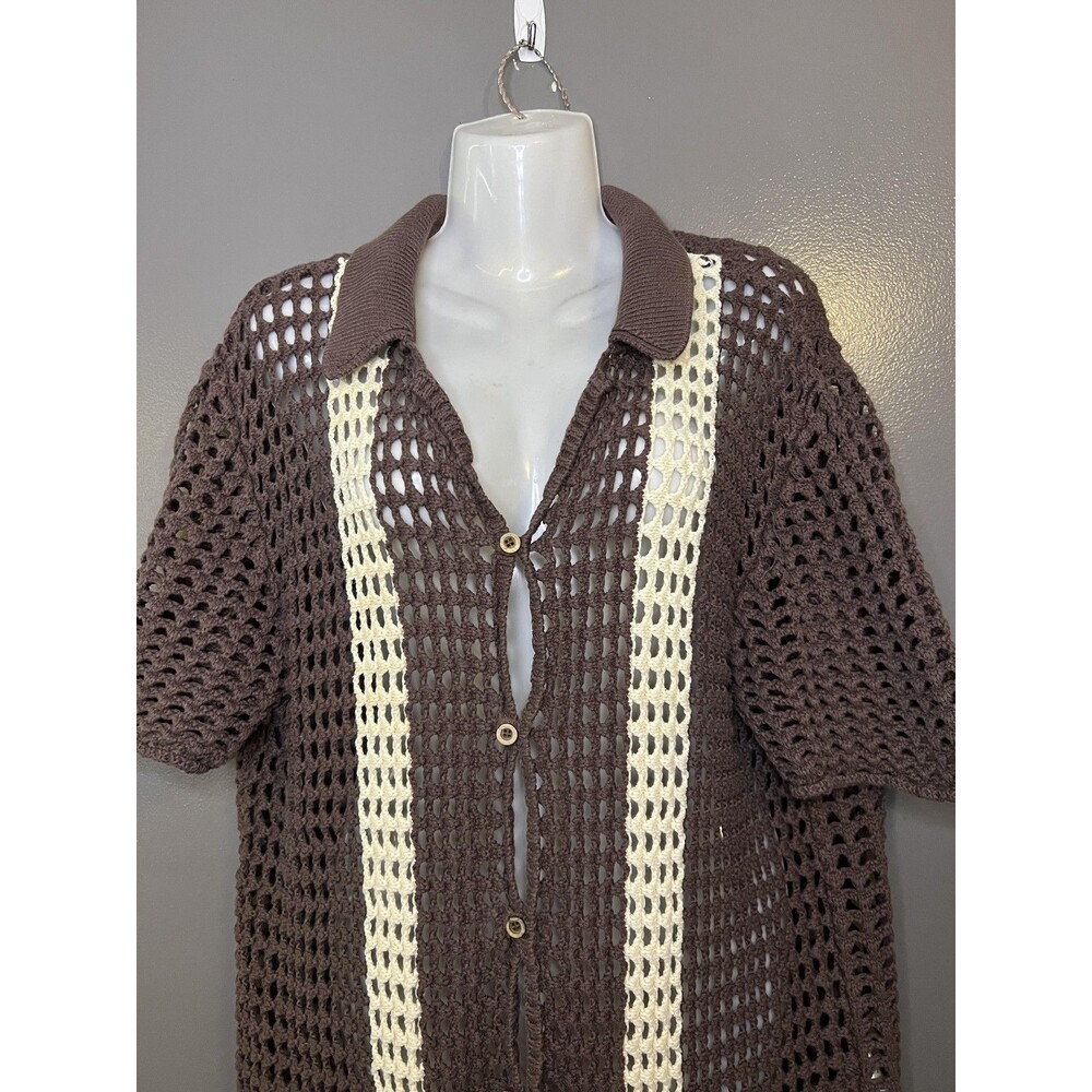 BDG Cardigan Sweater Womens Large Brown Crochet Open Knit Collared Short Sleeve